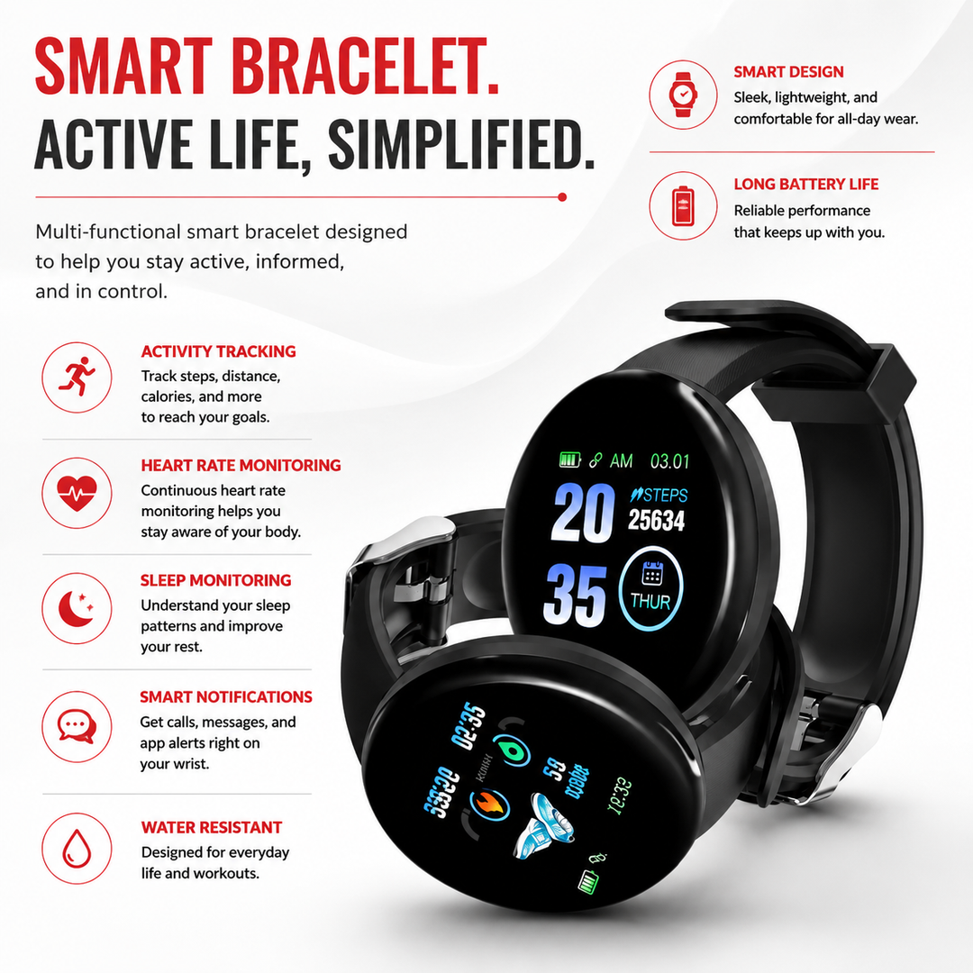 Premium D18 Smart Watch Fitness Tracker Heart Rate Blood Pressure Oxygen Monitor Waterproof Bluetooth Call Message Notifications Android iOS Compatible
