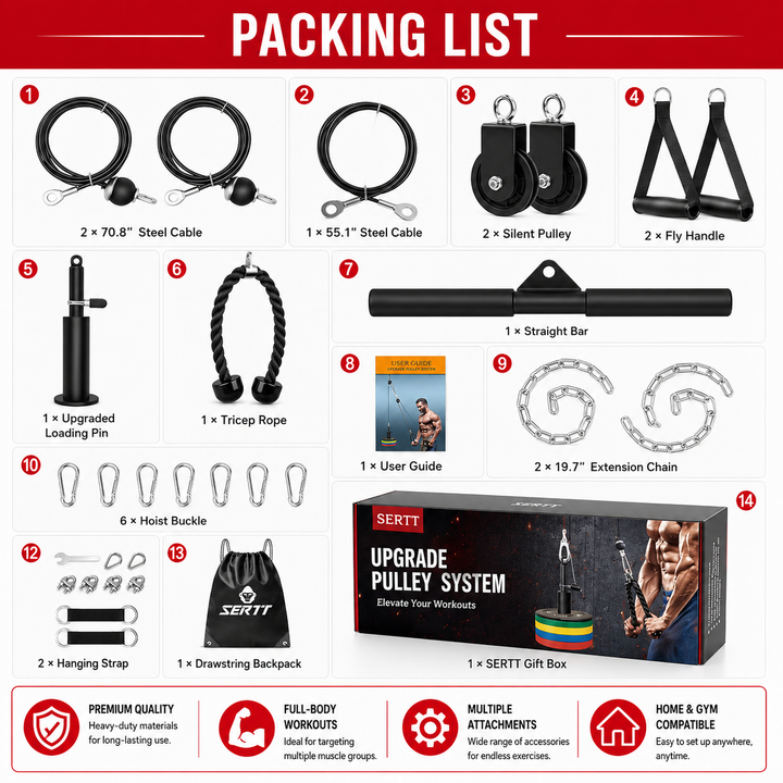 Premium DIY Fitness Pulley Cable Machine Set Adjustable Home Gym Cable System Arm Biceps Triceps Back Strength Training Attachment Steel Workout Equipment