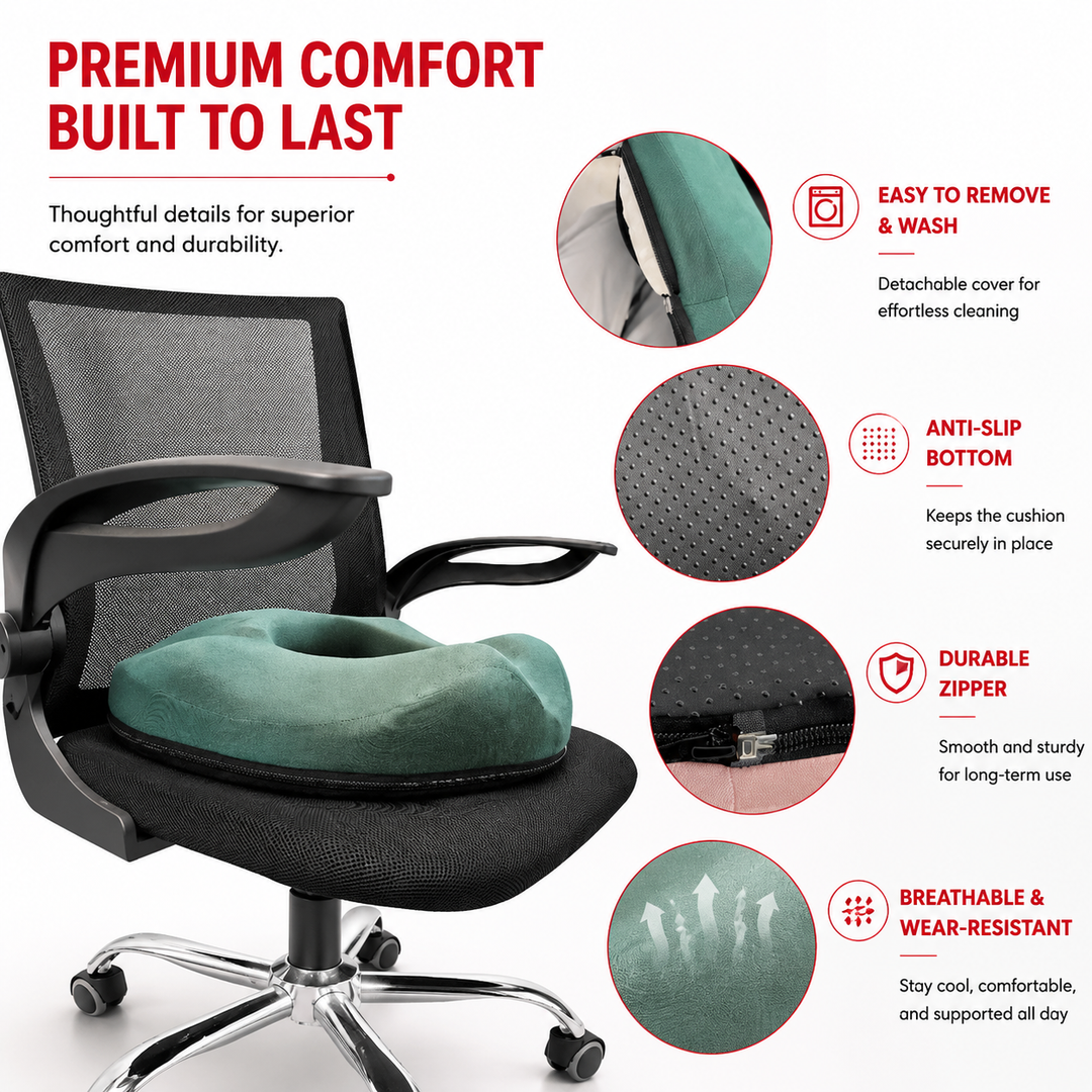 Premium Donut Seat Cushion Memory Foam Ergonomic Chair Pad Non Slip Breathable Portable Office Car Home Travel Sitting Comfort Relief Cushion