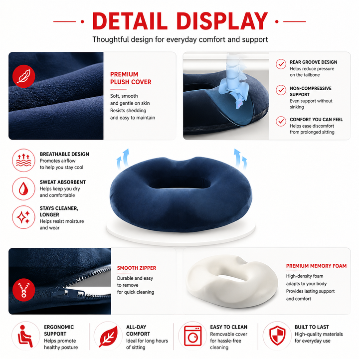 Premium Donut Seat Cushion Memory Foam Ergonomic Chair Pad Non Slip Breathable Portable Office Car Home Travel Sitting Comfort Relief Cushion