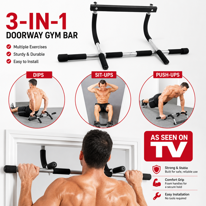 Premium Door Pull-Up Bar No Drilling Steel Multi Grip Chin Up Bar Home Gym Strength Training Door Frame Workout Bar Padded Handles 100KG Capacity