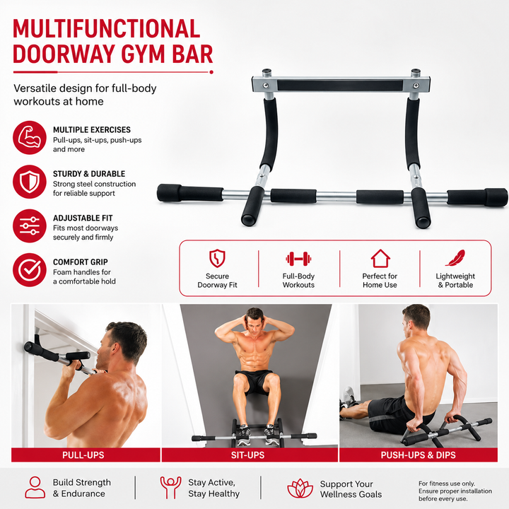 Premium Door Pull-Up Bar No Drilling Steel Multi Grip Chin Up Bar Home Gym Strength Training Door Frame Workout Bar Padded Handles 100KG Capacity