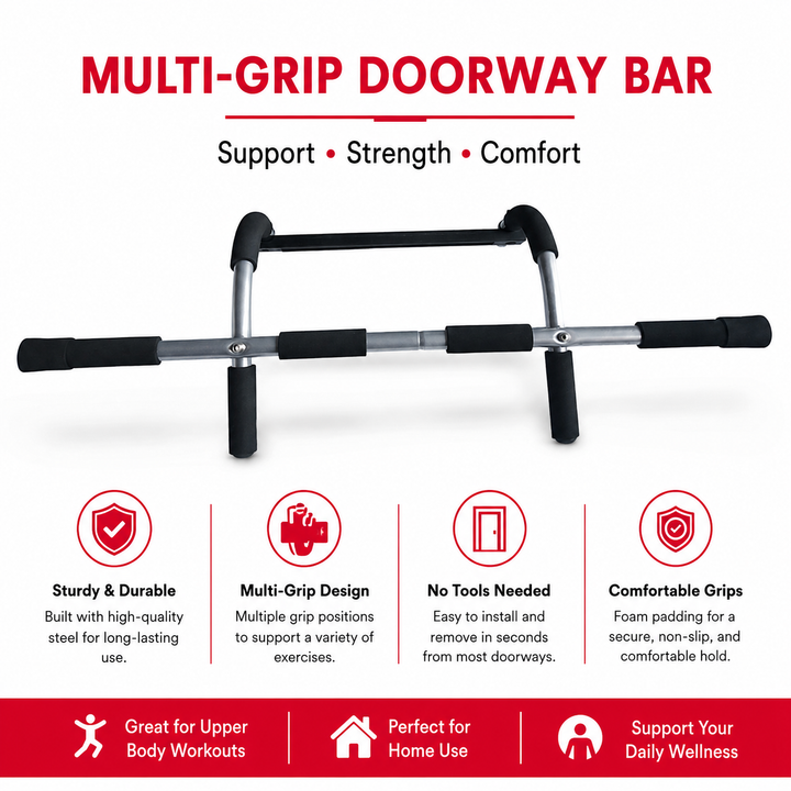 Premium Door Pull-Up Bar No Drilling Steel Multi Grip Chin Up Bar Home Gym Strength Training Door Frame Workout Bar Padded Handles 100KG Capacity