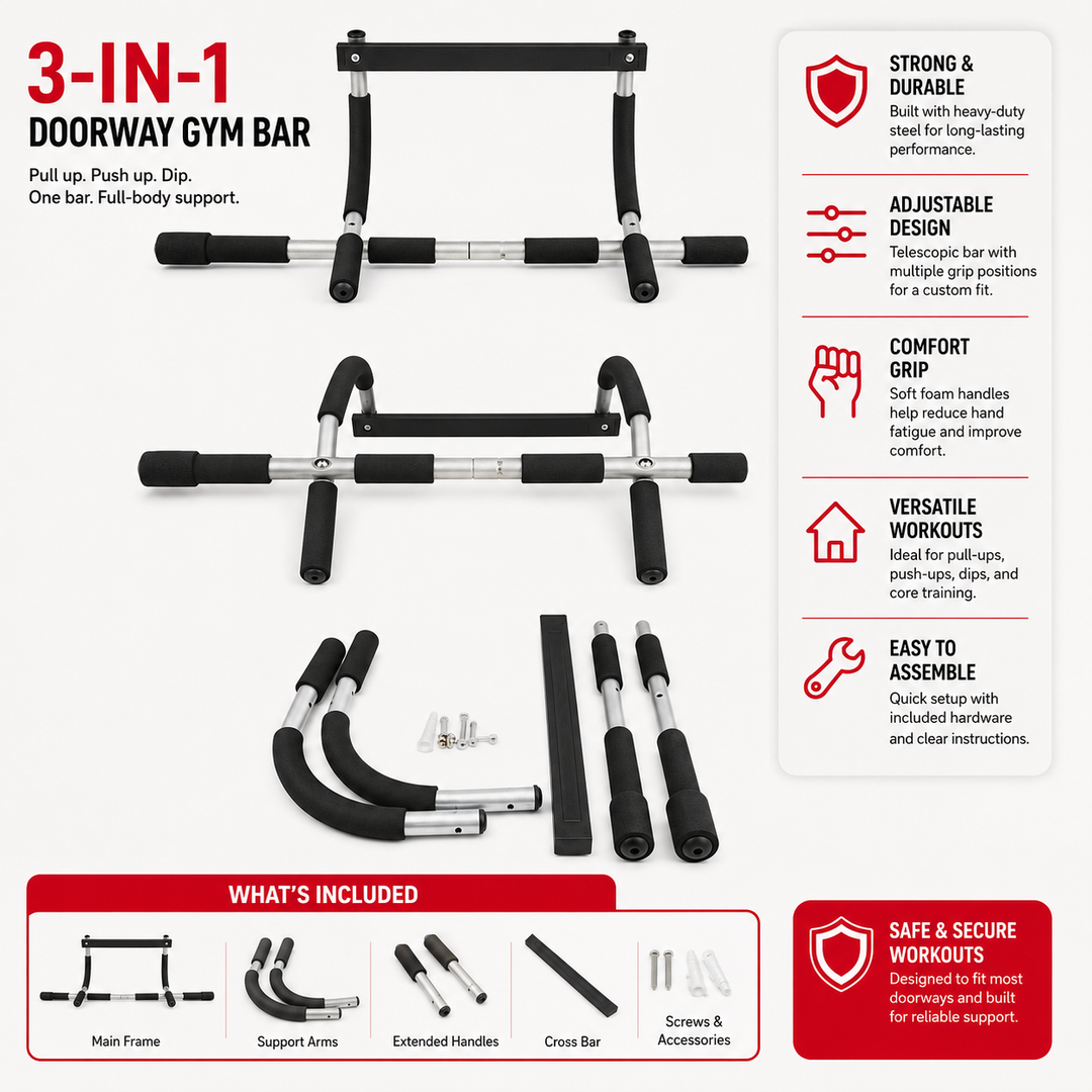 Premium Door Pull-Up Bar No Drilling Steel Multi Grip Chin Up Bar Home Gym Strength Training Door Frame Workout Bar Padded Handles 100KG Capacity