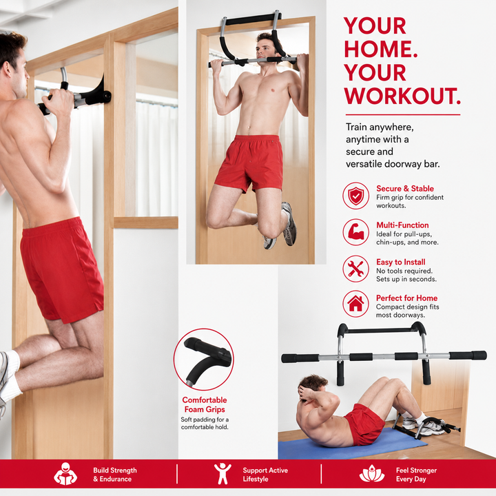 Premium Door Pull-Up Bar No Drilling Steel Multi Grip Chin Up Bar Home Gym Strength Training Door Frame Workout Bar Padded Handles 100KG Capacity