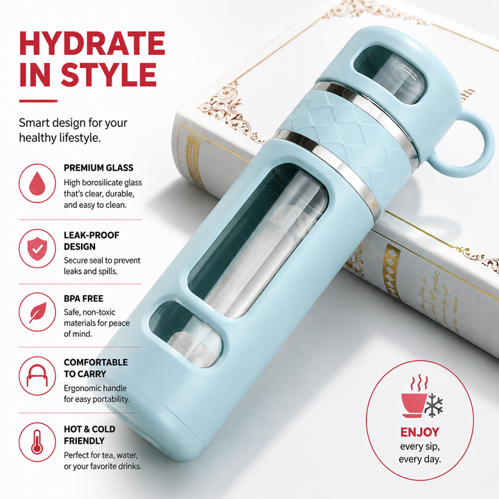 Premium Double Layer Insulated Tea Cup 520ML Water Separation Filtering Glass Cup Portable Travel Mug Hot Cold Beverage Tea Coffee Cup Silicone