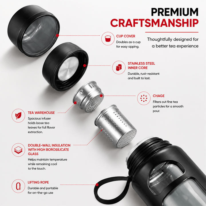 Premium Double Layer Insulated Tea Cup 520ML Water Separation Filtering Glass Cup Portable Travel Mug Hot Cold Beverage Tea Coffee Cup Silicone