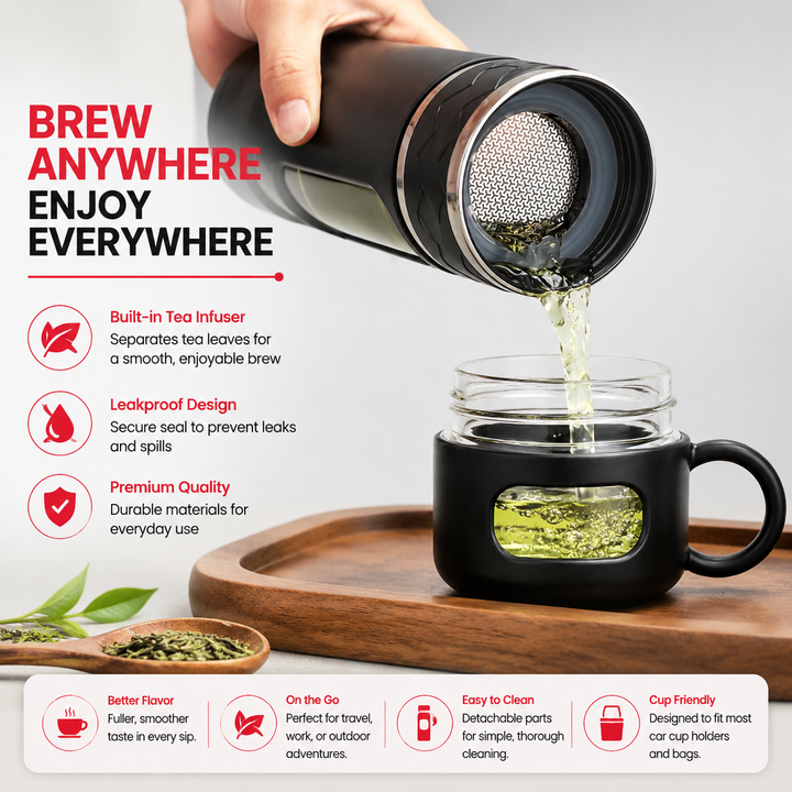 Premium Double Layer Insulated Tea Cup 520ML Water Separation Filtering Glass Cup Portable Travel Mug Hot Cold Beverage Tea Coffee Cup Silicone