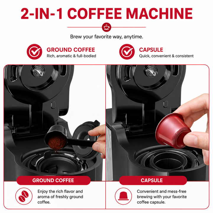 Premium Dual Brew Coffee Maker K-Cup and Ground Coffee Machine 5 Brew Sizes 40oz Water Tank Touchscreen Control Compact Coffee Brewer