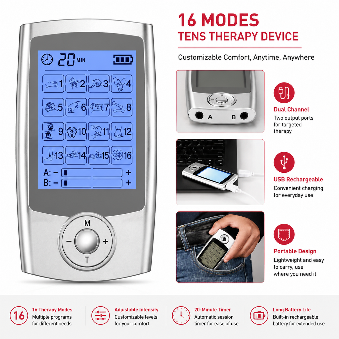 Premium Dual Channel EMS TENS Pulse Massager Rechargeable Electric Muscle Stimulator 16 Modes LCD Display Portable Pain Relief Therapy Device