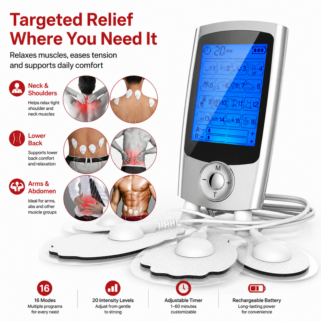 Premium Dual Channel EMS TENS Pulse Massager Rechargeable Electric Muscle Stimulator 16 Modes LCD Display Portable Pain Relief Therapy Device