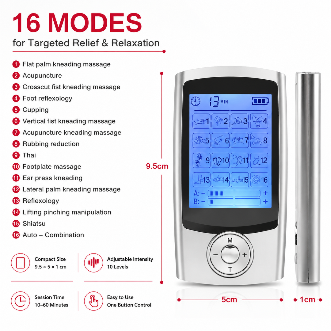 Premium Dual Channel EMS TENS Pulse Massager Rechargeable Electric Muscle Stimulator 16 Modes LCD Display Portable Pain Relief Therapy Device