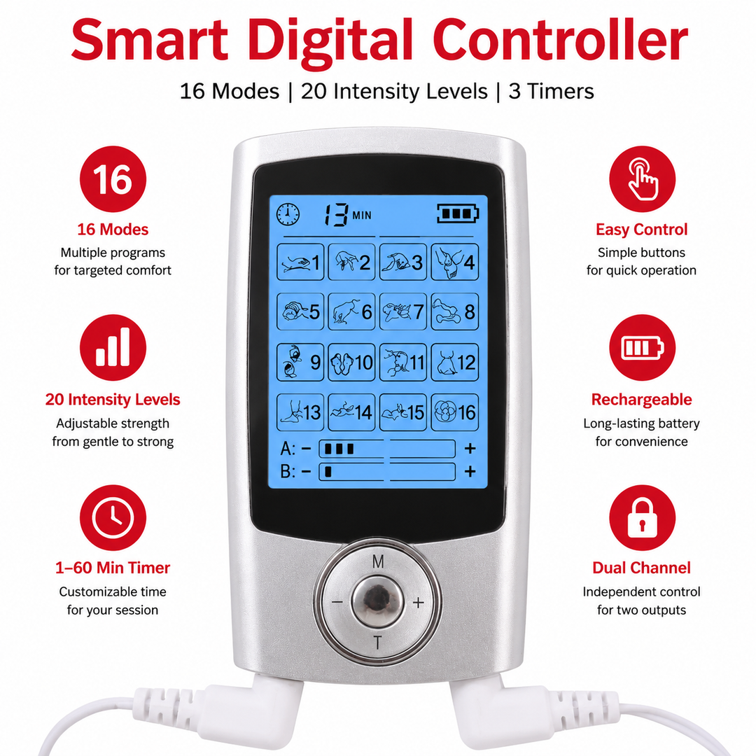 Premium Dual Channel EMS TENS Pulse Massager Rechargeable Electric Muscle Stimulator 16 Modes LCD Display Portable Pain Relief Therapy Device