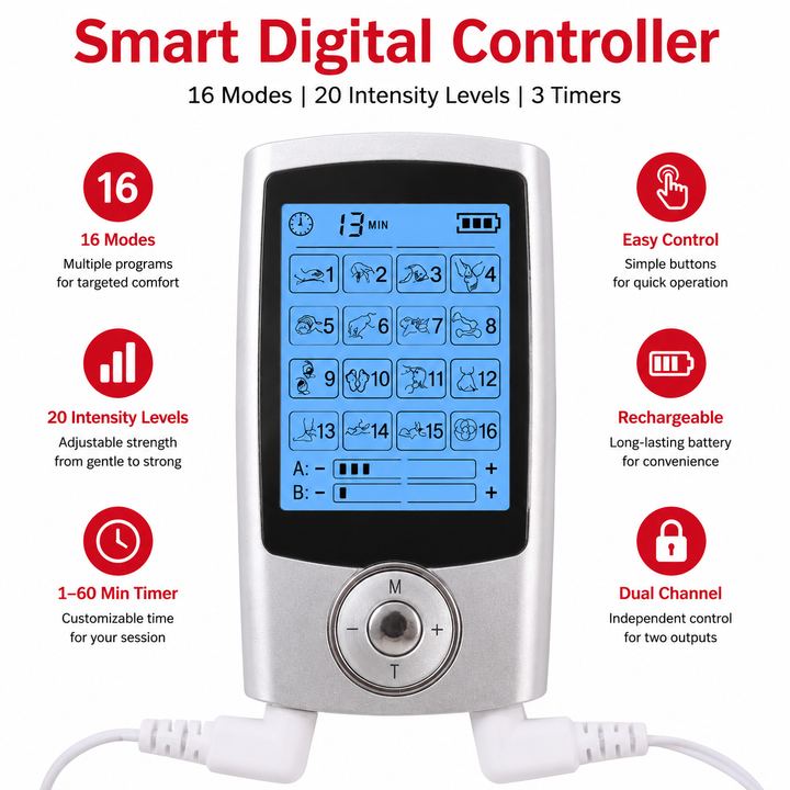 Premium Dual Channel EMS TENS Pulse Massager Rechargeable Electric Muscle Stimulator 16 Modes LCD Display Portable Pain Relief Therapy Device