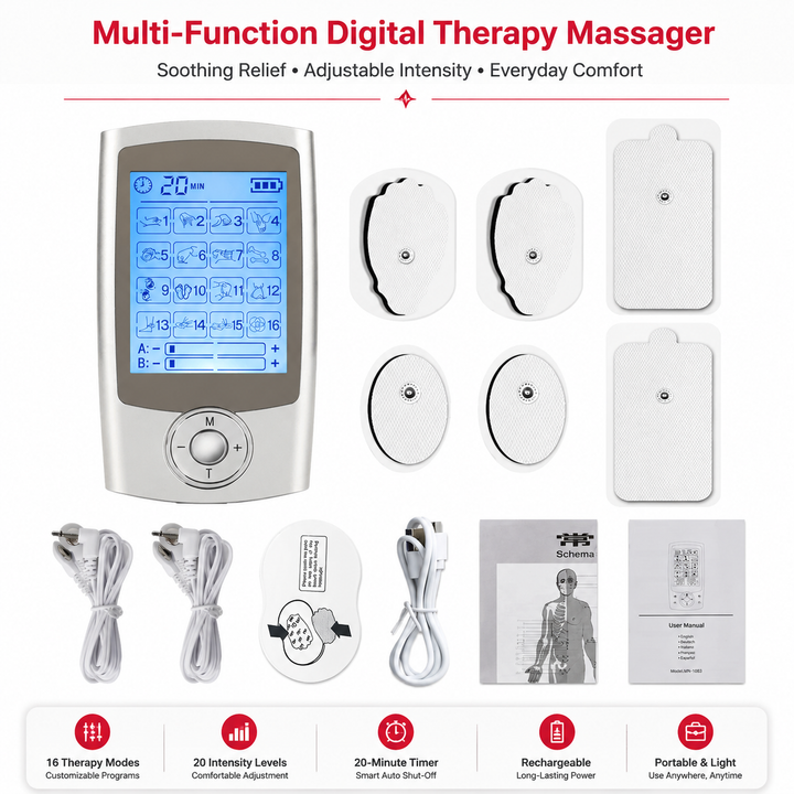 Premium Dual Channel EMS TENS Pulse Massager Rechargeable Electric Muscle Stimulator 16 Modes LCD Display Portable Pain Relief Therapy Device
