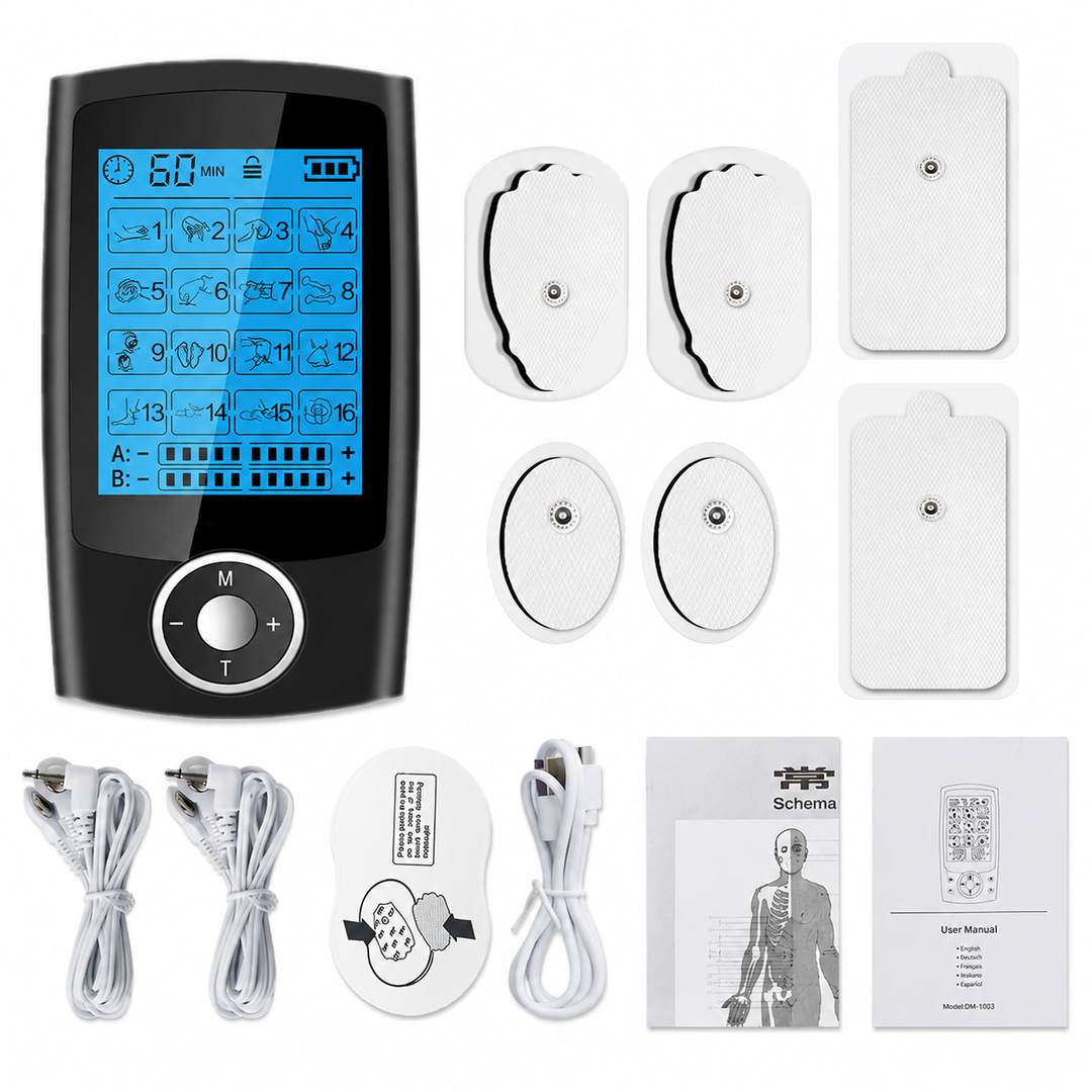 Premium Dual Channel EMS TENS Pulse Massager Rechargeable Electric Muscle Stimulator 16 Modes LCD Display Portable Pain Relief Therapy Device