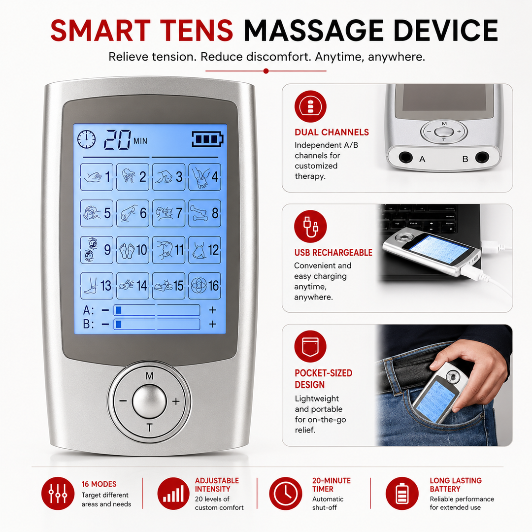 Premium Dual Channel Electric Pulse Massager EMS TENS Device 16 Modes LCD Display Rechargeable Muscle Stimulator Portable Body Therapy Unit