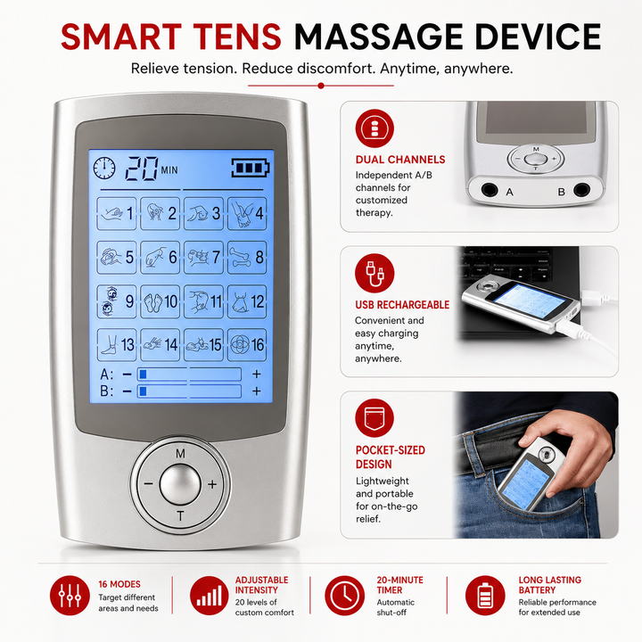 Premium Dual Channel Electric Pulse Massager EMS TENS Device 16 Modes LCD Display Rechargeable Muscle Stimulator Portable Body Therapy Unit