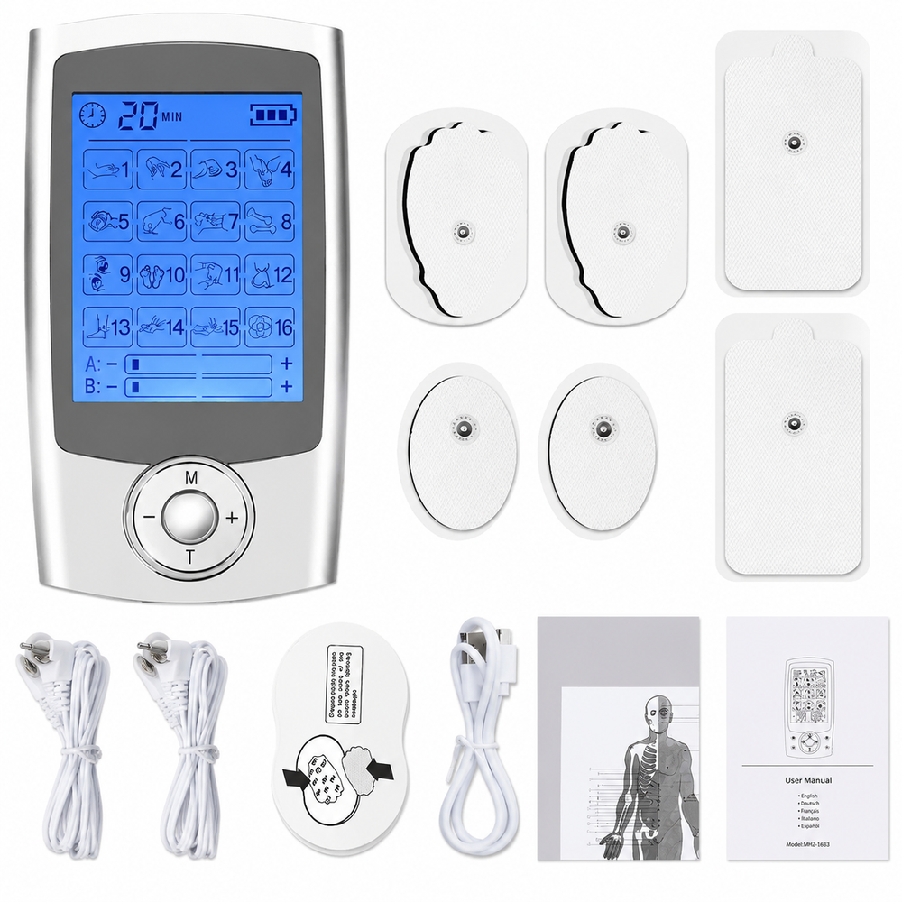 Premium Dual Channel Electric Pulse Massager EMS TENS Device 16 Modes LCD Display Rechargeable Muscle Stimulator Portable Body Therapy Unit