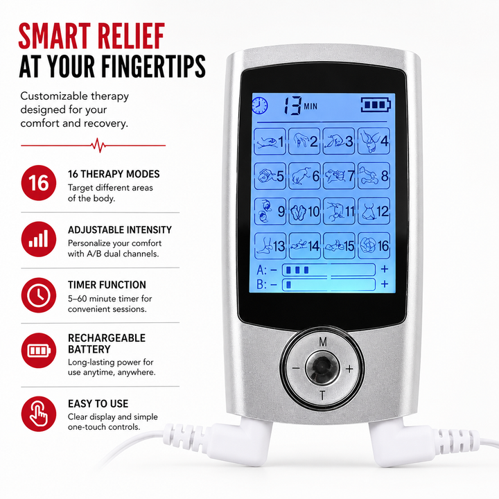 Premium Dual Channel Electric Pulse Massager EMS TENS Device 16 Modes LCD Display Rechargeable Muscle Stimulator Portable Body Therapy Unit