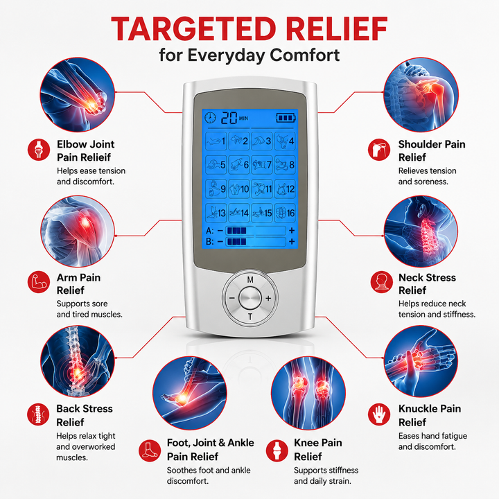 Premium Dual Channel Electric Pulse Massager EMS TENS Device 16 Modes LCD Display Rechargeable Muscle Stimulator Portable Body Therapy Unit