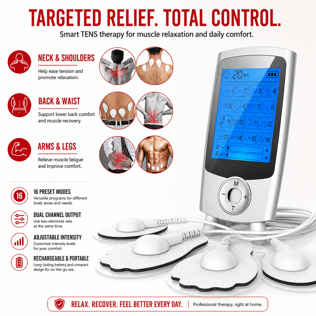 Premium Dual Channel Electric Pulse Massager EMS TENS Device 16 Modes LCD Display Rechargeable Muscle Stimulator Portable Body Therapy Unit