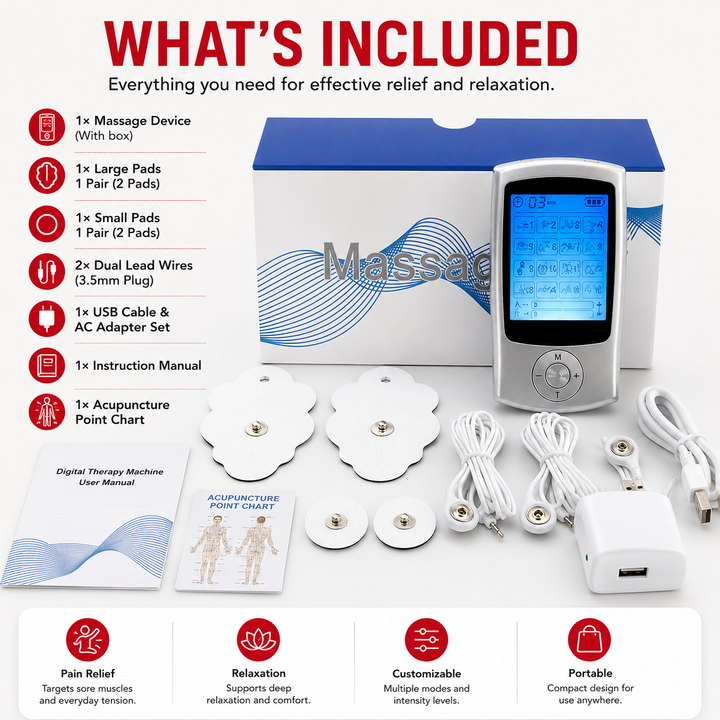 Premium Dual Channel Electric Pulse Massager EMS TENS Device 16 Modes LCD Display Rechargeable Muscle Stimulator Portable Body Therapy Unit
