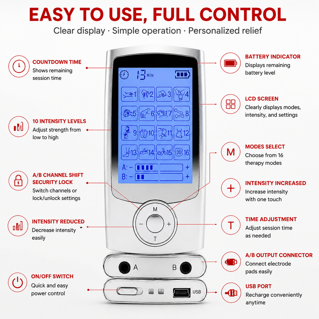 Premium Dual Channel Electric Pulse Massager EMS TENS Device 16 Modes LCD Display Rechargeable Muscle Stimulator Portable Body Therapy Unit