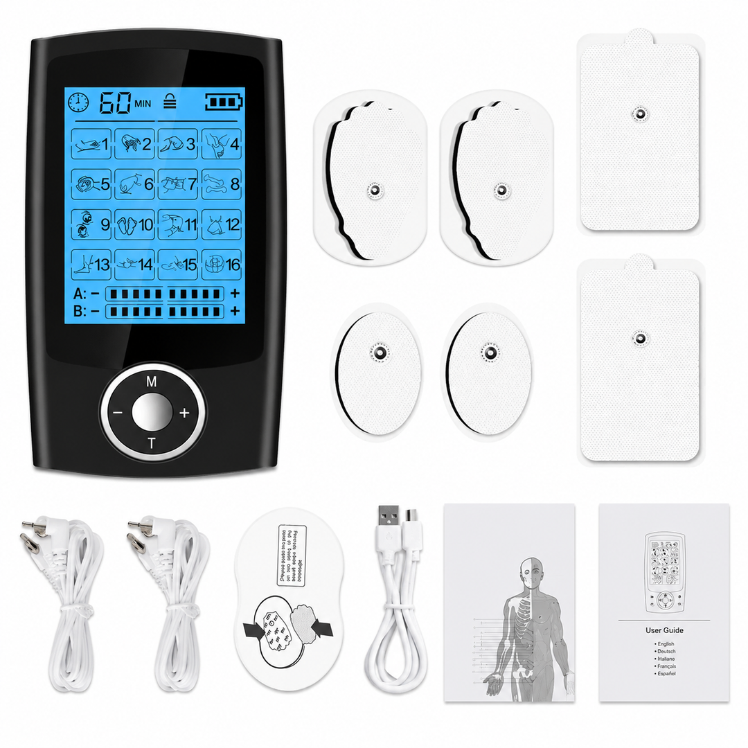 Premium Dual Channel Electric Pulse Massager EMS TENS Device 16 Modes LCD Display Rechargeable Muscle Stimulator Portable Body Therapy Unit