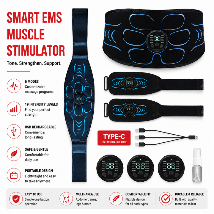 Premium EMS Abdominal Muscle Stimulator Belt USB Rechargeable Body Toning Device 10 Modes 39 Levels Waist Arm Leg Fitness Training Slimming Device