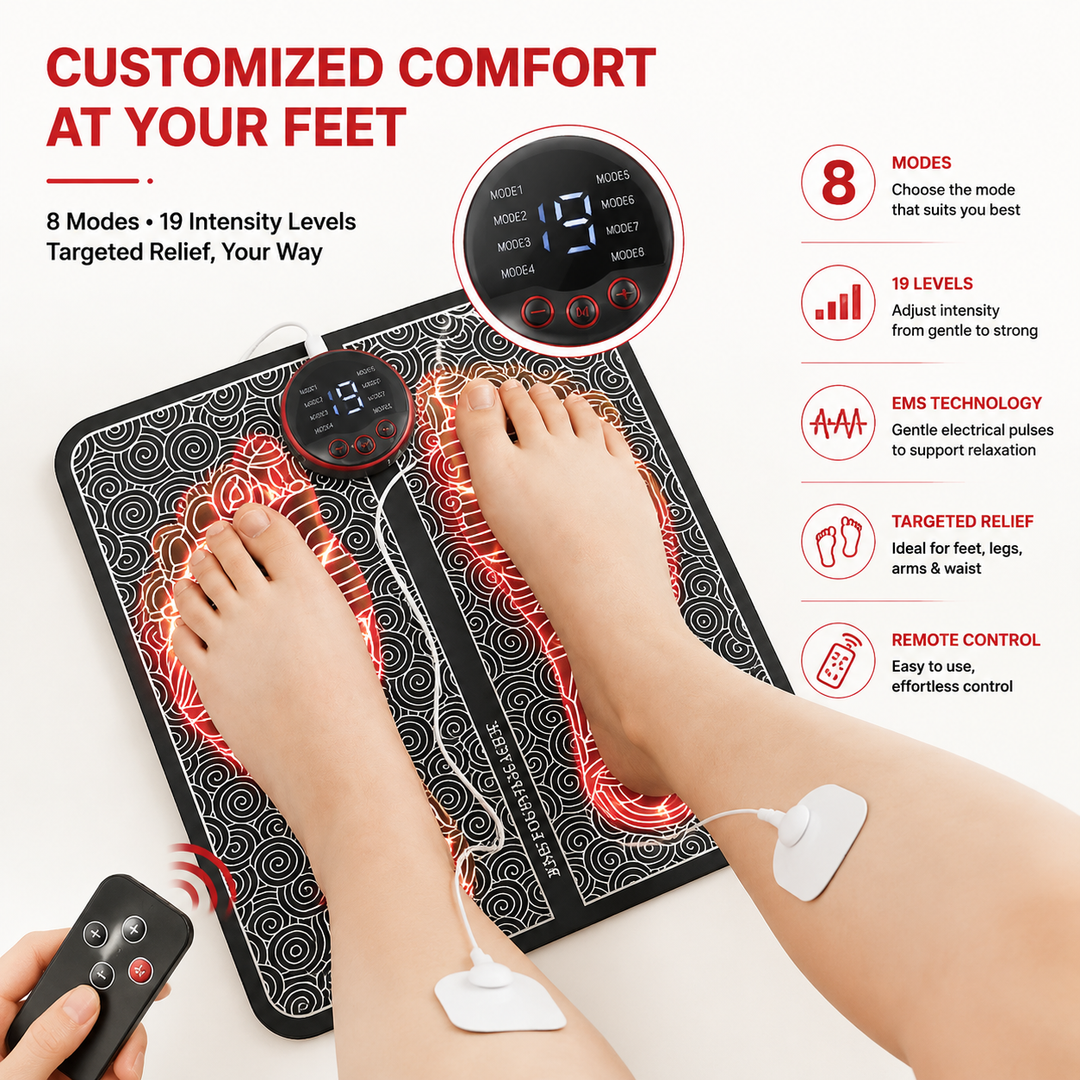 Premium EMS Foot Massager Mat USB-C Rechargeable Foot and Leg Stimulation Device with Remote Control 8 Modes 19 Intensity Levels Foldable Recovery Mat