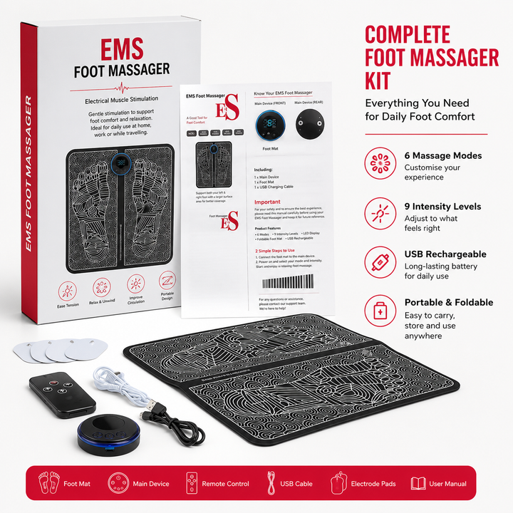 Premium EMS Foot Massager Pad Electric Massage Mat Remote Control 8 Modes 19 Levels Portable Foot Leg Massager Home Office Travel Daily Use Comfort