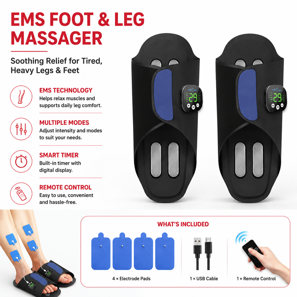 Premium EMS Foot Massager Slippers with Remote Control Electric Foot Stimulation Shoes 10 Modes 29 Intensity Levels USB-C Rechargeable Foot Massage Device