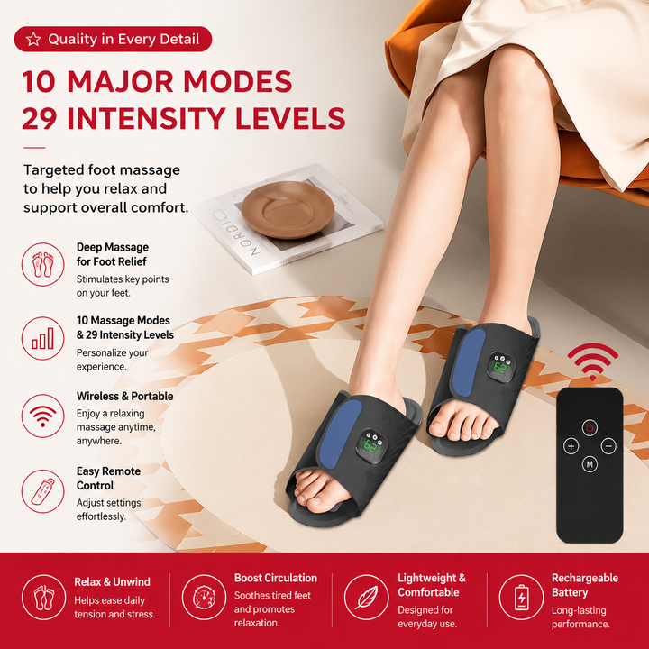 Premium EMS Foot Massager Slippers with Remote Control Electric Foot Stimulation Shoes 10 Modes 29 Intensity Levels USB-C Rechargeable Foot Massage Device