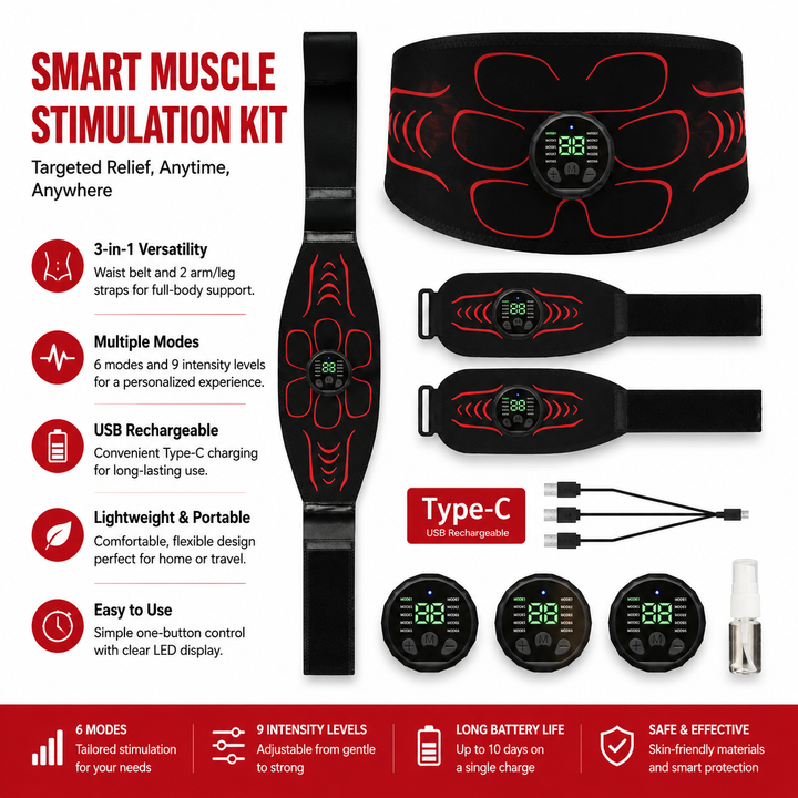 Premium EMS Muscle Stimulation Belt Abdominal Toning Trainer 10 Modes 39 Levels USB Rechargeable Waist Arm Leg Body Slimming Fitness Device