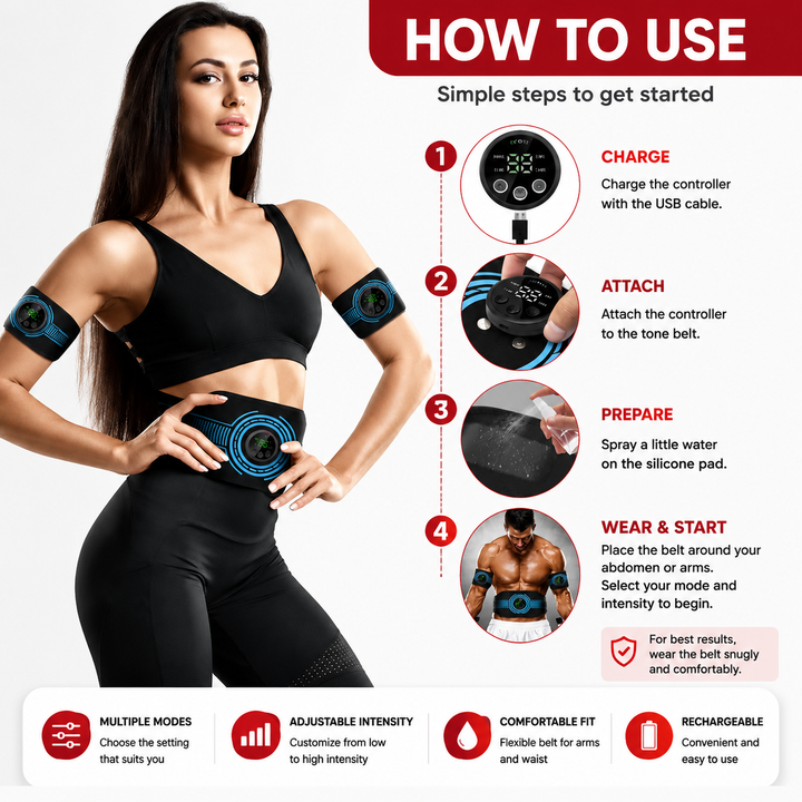 Premium EMS Muscle Stimulation Belt Abdominal Toning Trainer 10 Modes 39 Levels USB Rechargeable Waist Arm Leg Body Slimming Fitness Device