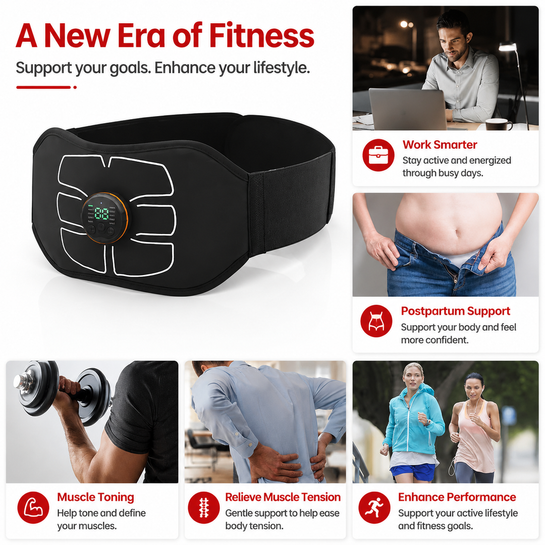 Premium EMS Training Belt Muscle Stimulator Abdominal Fitness Belt USB Rechargeable 10 Programs 30 Levels Adjustable Waist Trainer Home Gym Workout Device