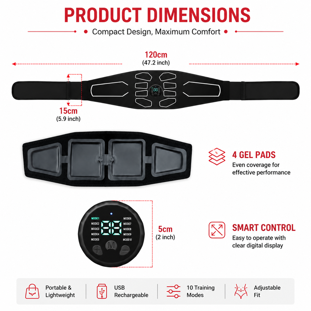 Premium EMS Training Belt Muscle Stimulator Abdominal Fitness Belt USB Rechargeable 10 Programs 30 Levels Adjustable Waist Trainer Home Gym Workout Device