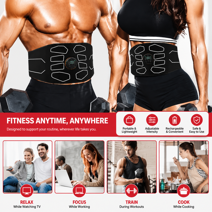Premium EMS Training Belt Muscle Stimulator Abdominal Fitness Belt USB Rechargeable 10 Programs 30 Levels Adjustable Waist Trainer Home Gym Workout Device