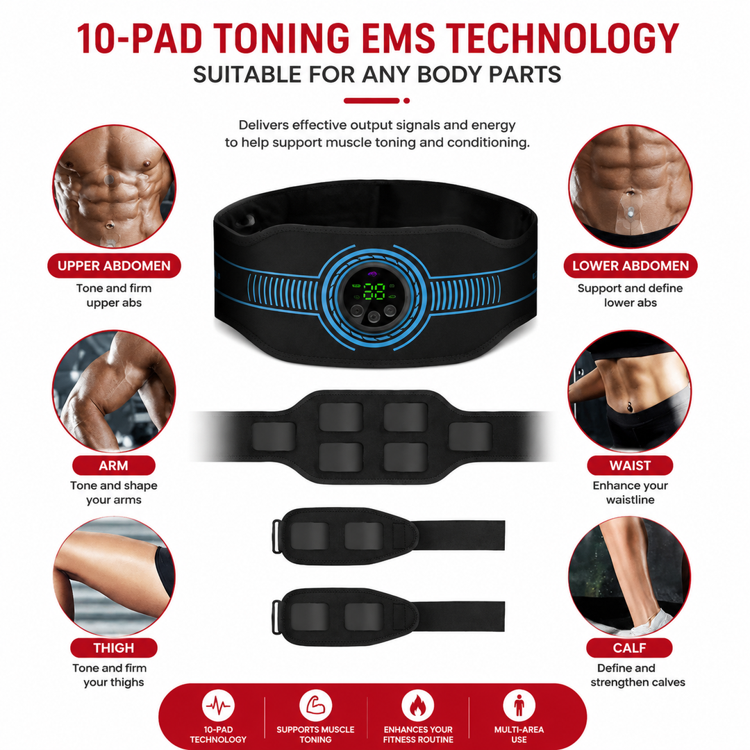 Premium EMS Training Belt Muscle Stimulator Adjustable Abs Arms Legs USB Rechargeable 10 Modes 39 Levels LCD Display Gym Fitness Daily Use Support Device
