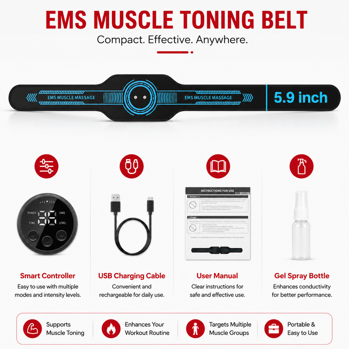 Premium EMS Training Belt Muscle Stimulator Adjustable Abs Arms Legs USB Rechargeable 10 Modes 39 Levels LCD Display Gym Fitness Daily Use Support Device