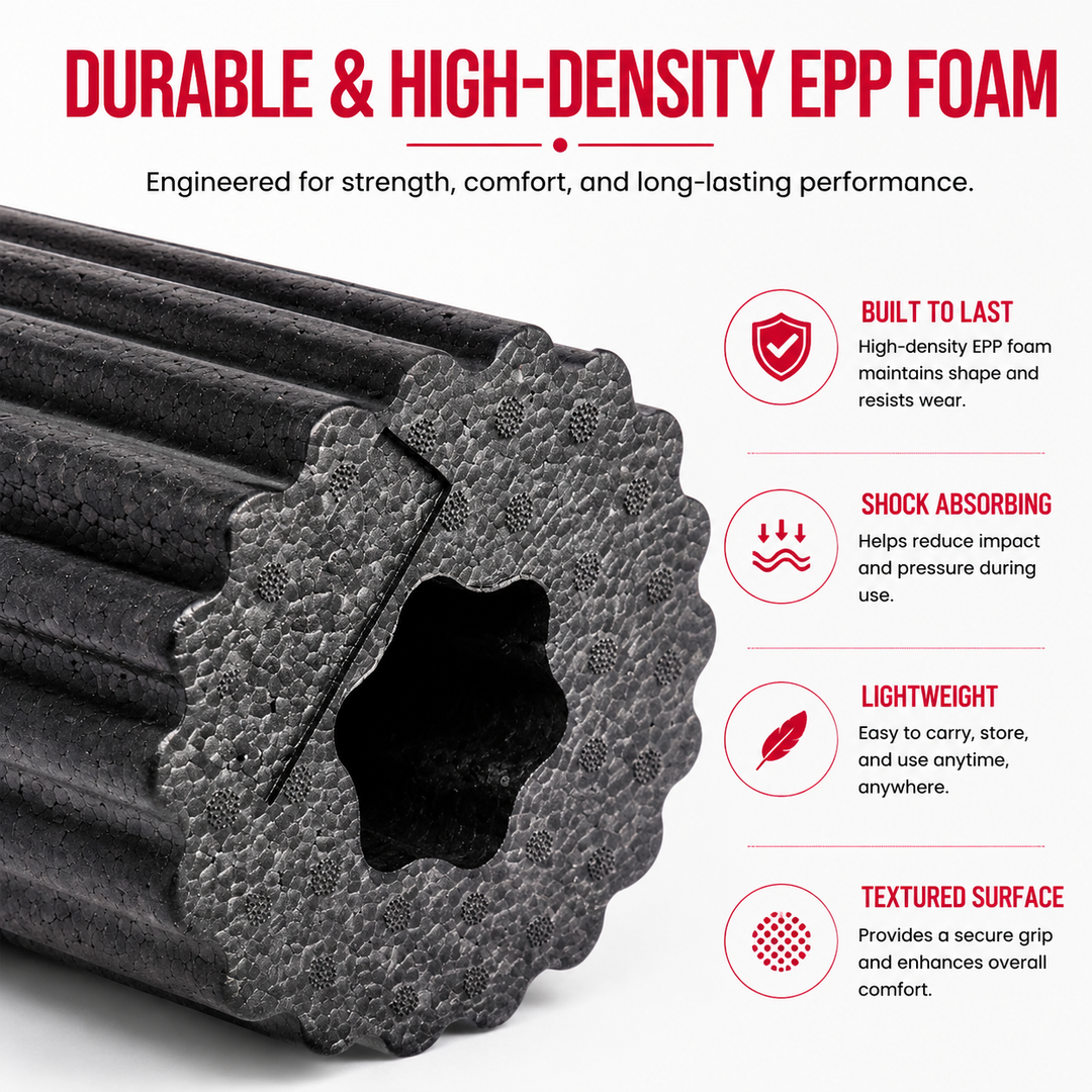 Premium EPP Foam Roller Muscle Massage Yoga Column High Hardness Hollow Core Plum Shape Fitness Recovery Roller Black Red 30x15x15cm