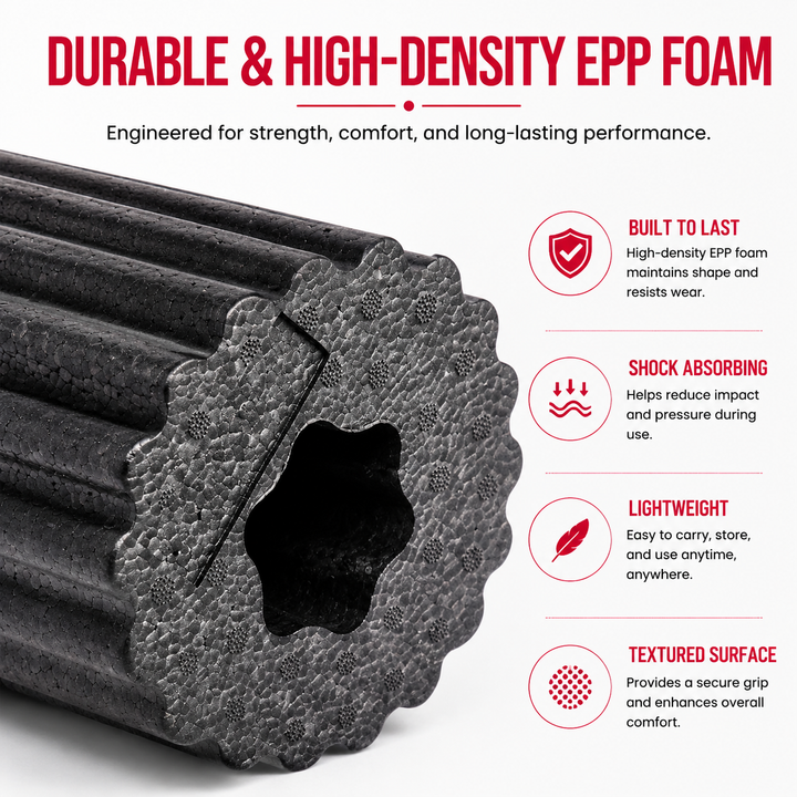 Premium EPP Foam Roller Muscle Massage Yoga Column High Hardness Hollow Core Plum Shape Fitness Recovery Roller Black Red 30x15x15cm