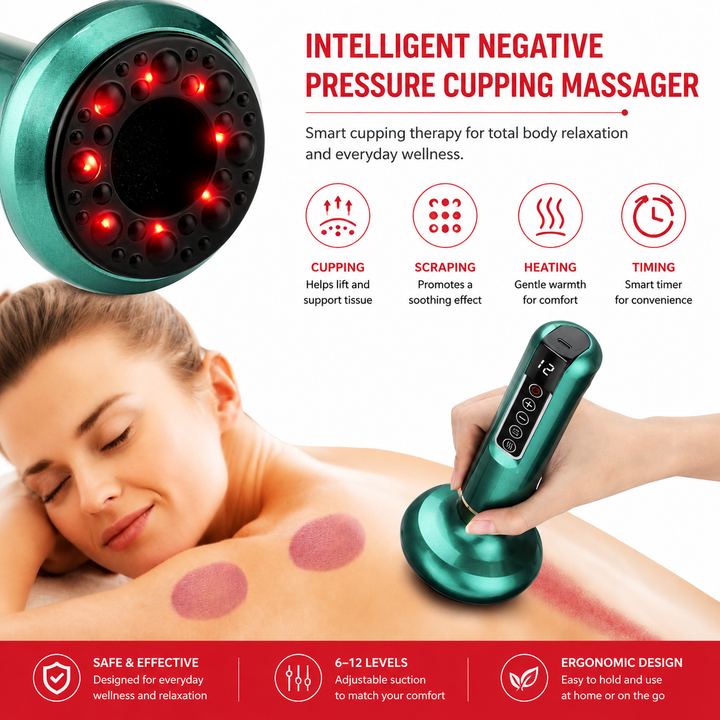 Premium Electric Cupping Massager 12 Level Vacuum Suction Infrared Heating Gua Sha Scraping Body Massage Therapy Device Anti Cellulite Slimming Relaxation Tool