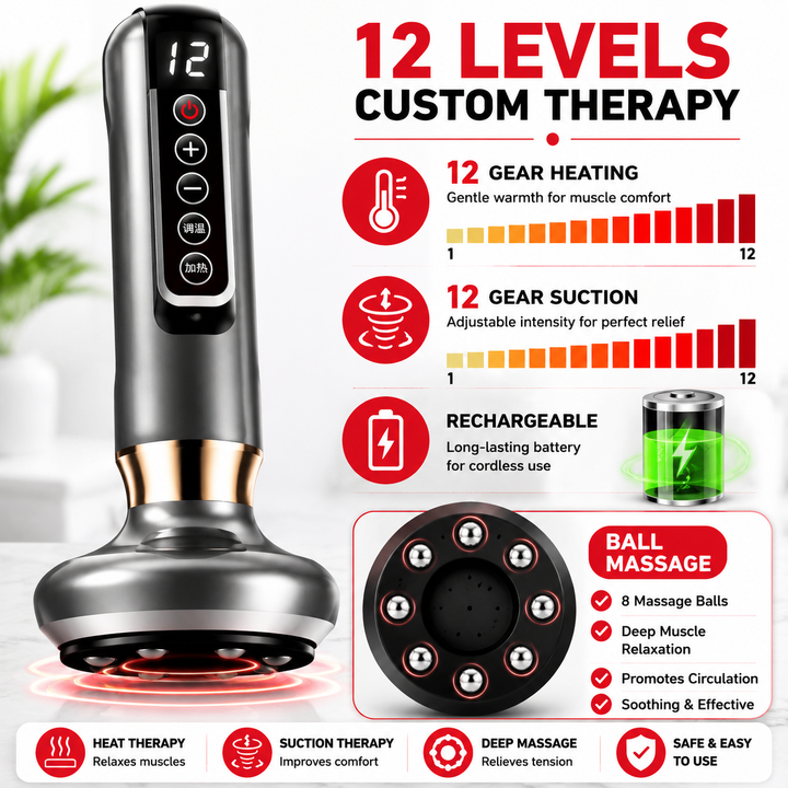 Premium Electric Cupping Massager Vacuum Suction Device Gua Sha Tool Infrared Heat 12 Levels Rechargeable Body Massager for Home Gym Daily Use