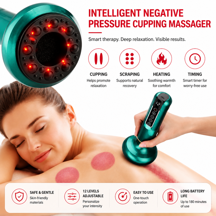Premium Electric Cupping Massager Vacuum Suction Device Gua Sha Tool Infrared Heat 12 Levels Rechargeable Body Massager for Home Gym Daily Use