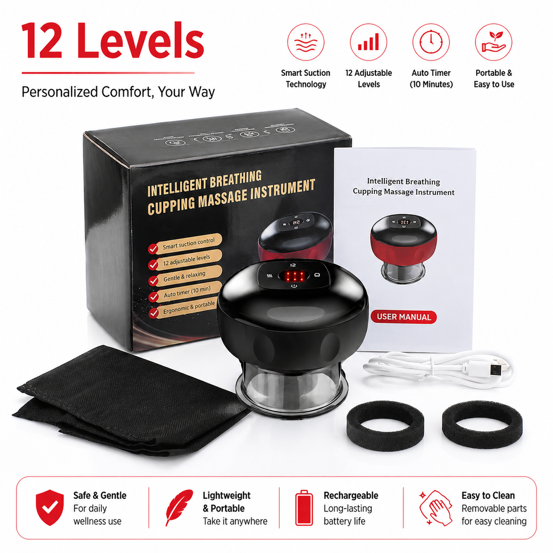 Premium Electric Cupping Massager Vacuum Suction Device Gua Sha Tool Red Light Heat 12 Levels Rechargeable Portable Body Massager Home Therapy Device