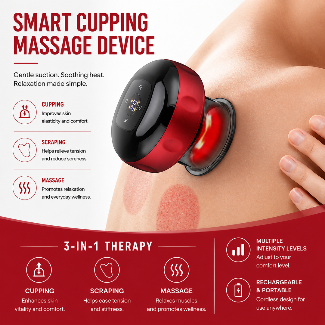 Premium Electric Cupping Massager Vacuum Suction Device Gua Sha Tool Red Light Heat 12 Levels Rechargeable Portable Body Massager Home Therapy Device