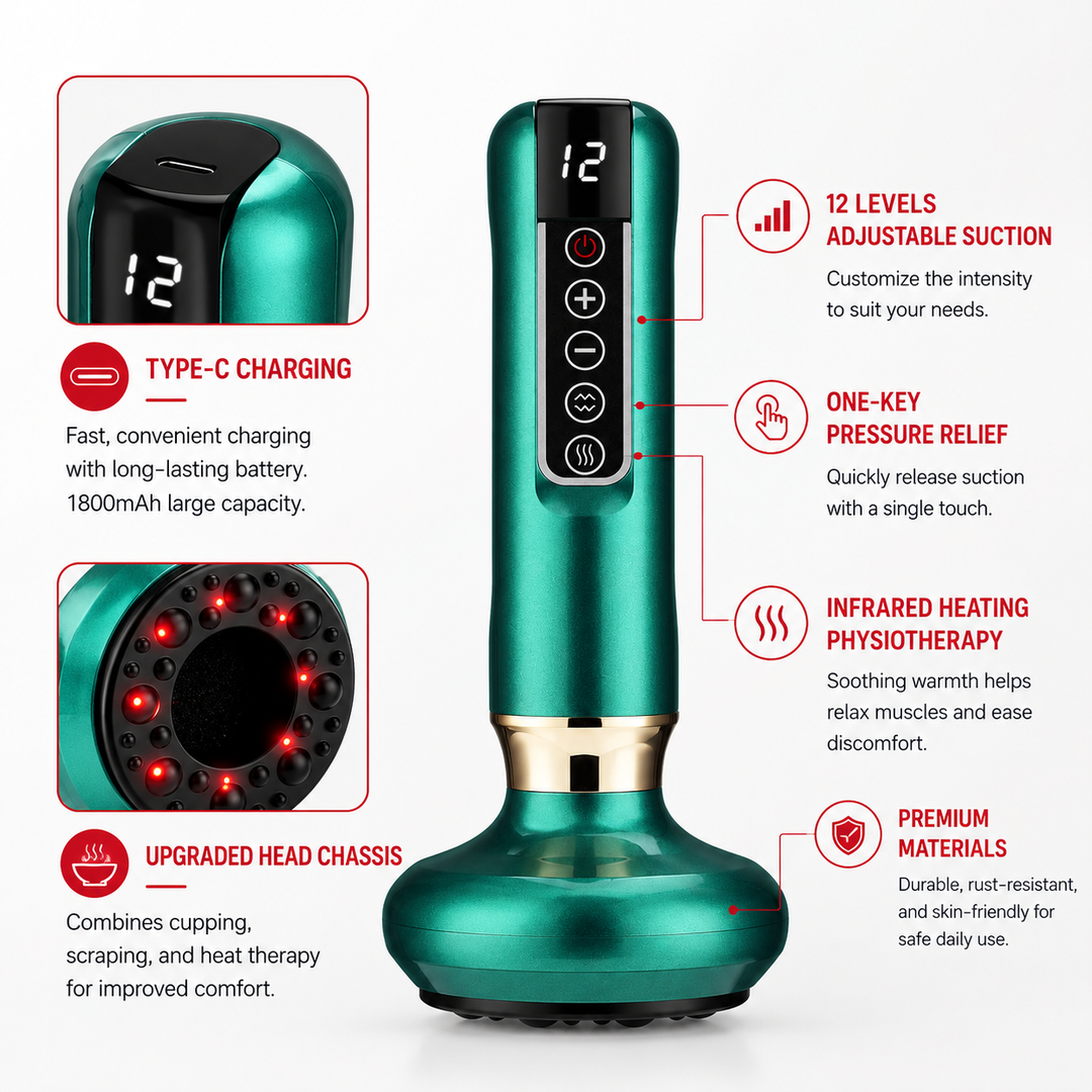 Premium Electric Cupping Therapy Device Suction Massage Machine Infrared Heat 12 Level Muscle Recovery Scraping Massager Wireless Rechargeable Portable