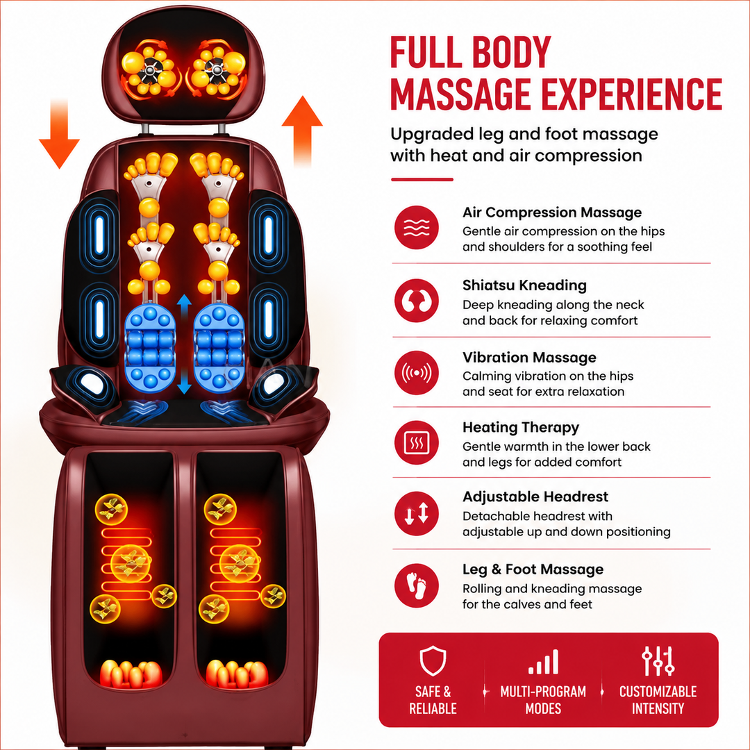 Premium Electric Full Body Massage Chair Infrared Heating Shiatsu Deep Kneading Vibration Neck Back Waist Leg Adjustable Relaxation Massage Seat